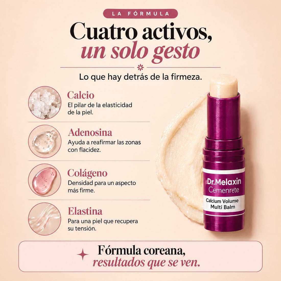 Cuatro activos, un solo gesto: calcio, adenosina, colágeno y elastina