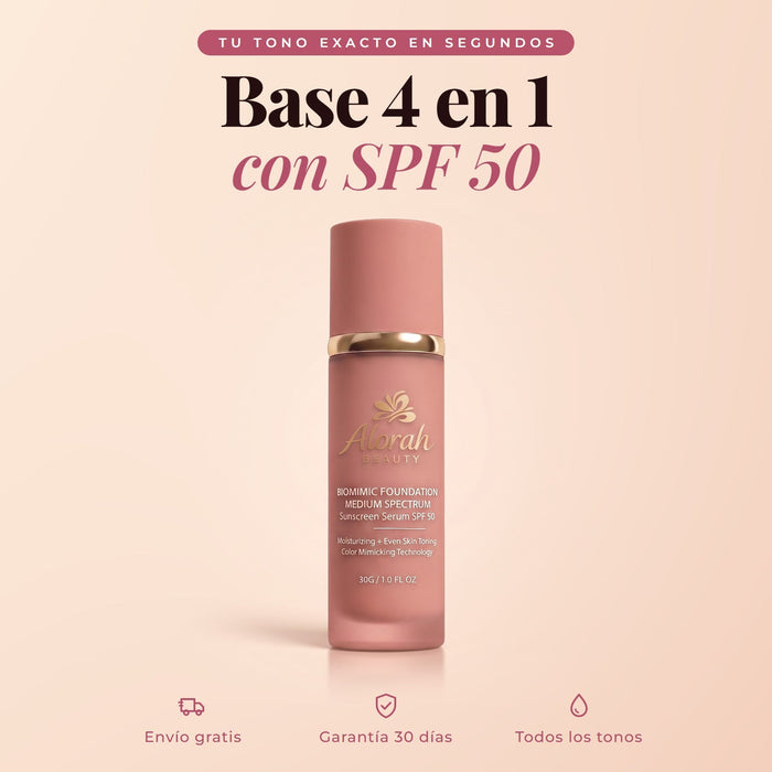 Alorah Beauty - Base 4 en 1 con Antiedad y SPF 50 | Se adapta a tu tono en segundos.