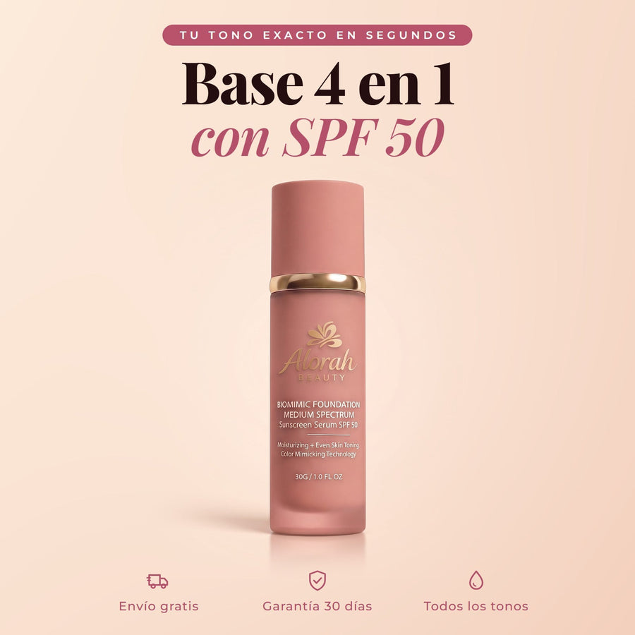 Alorah Beauty - Base 4 en 1 con Antiedad y SPF 50 | Se adapta a tu tono en segundos.