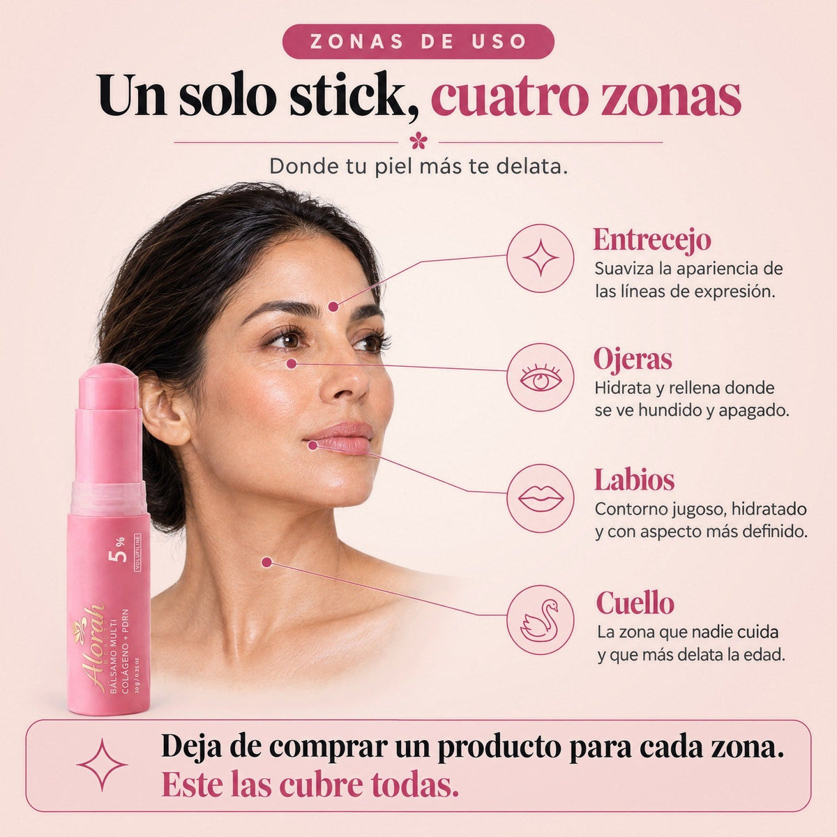 Mujer mostrando las 4 zonas del Stick Ritual Alorah: entrecejo, ojeras, labios y cuello