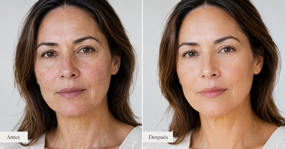 Antes y después de una mujer madura: a la izquierda sin base y a la derecha con la base 4 en 1 Alorah, tono más uniforme