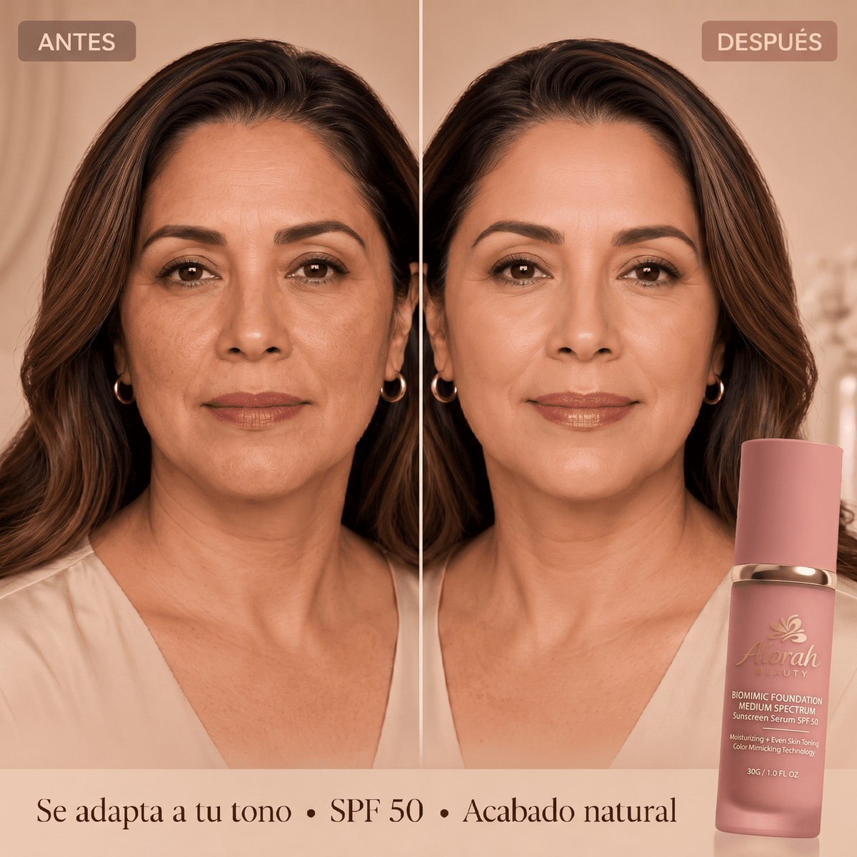 Antes y después con la base 4 en 1 de Alorah: se adapta a tu tono, SPF 50, acabado natural