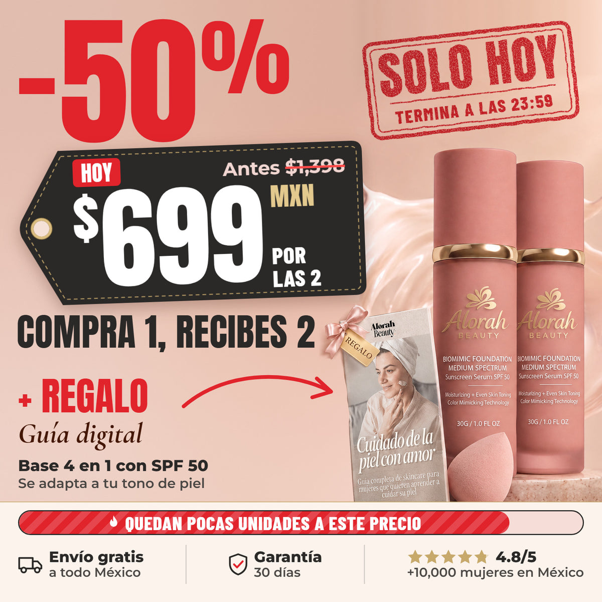 Alorah Base 4 en 1 con SPF 50: tu tono exacto en segundos
