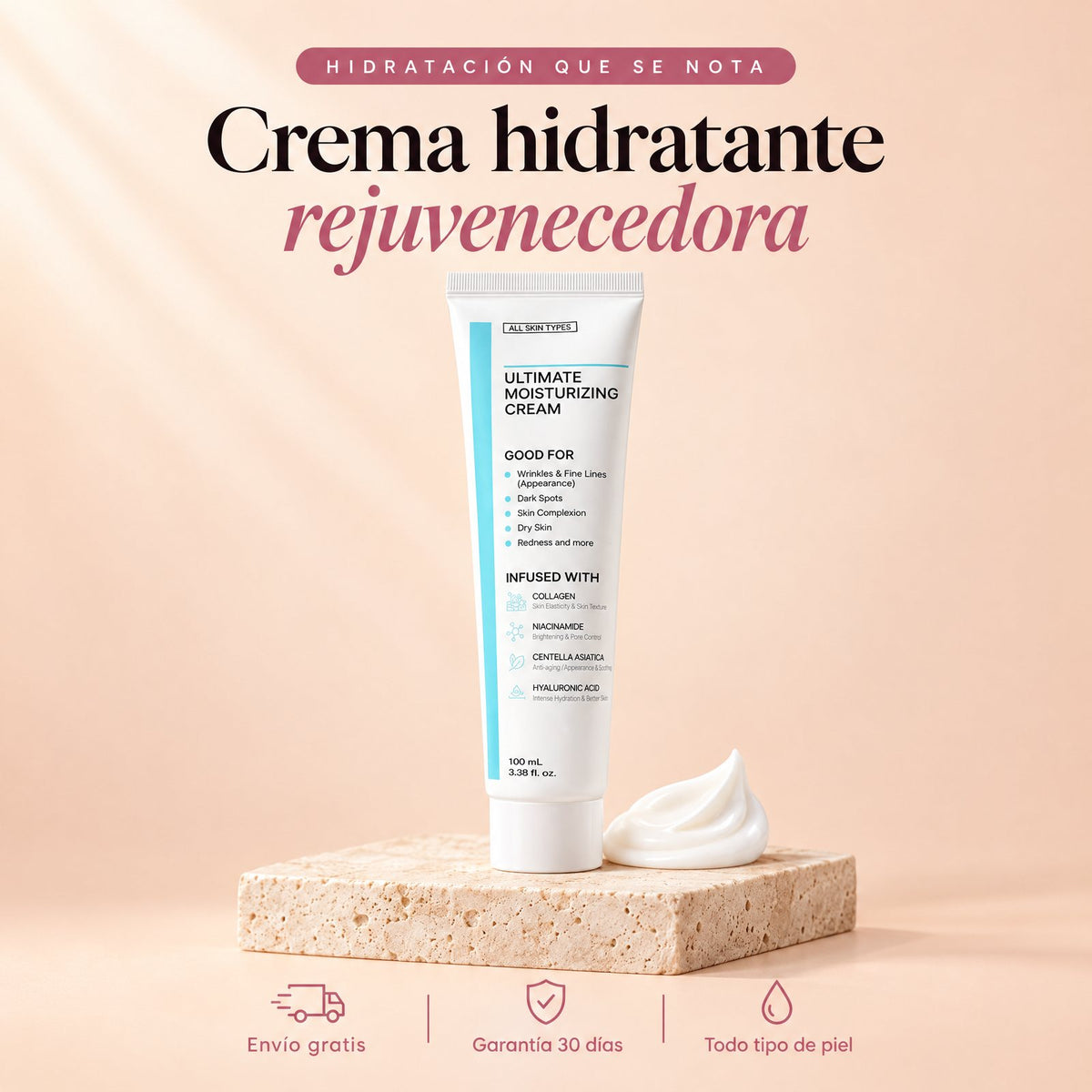 Crema hidratante rejuvenecedora coreana en tubo blanco sobre una peana de piedra