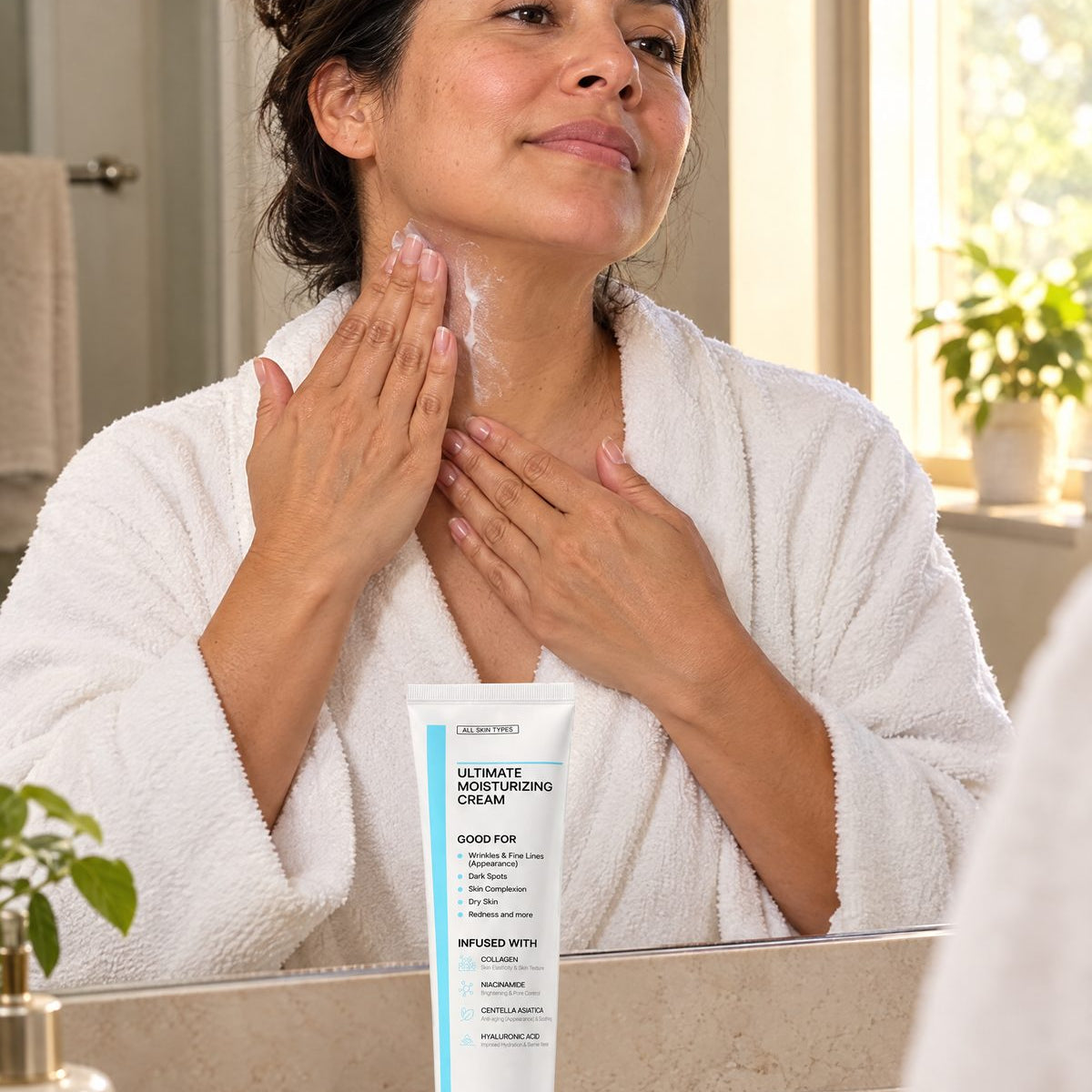 Mujer en albornoz extendiendo la crema facial por el cuello por la mañana