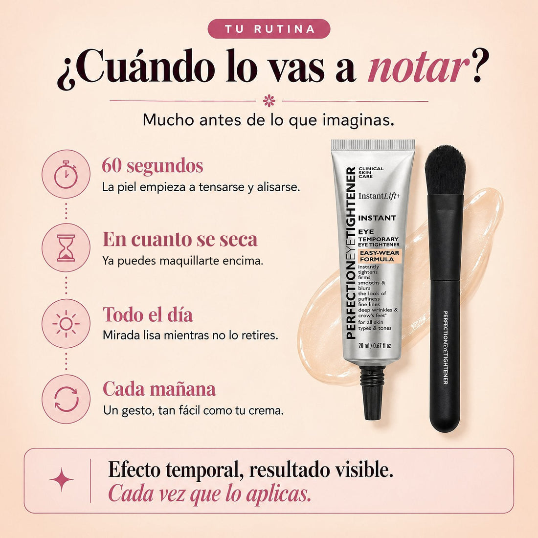 Cuándo lo vas a notar: al instante, en 60 segundos, y dura mientras no lo retires