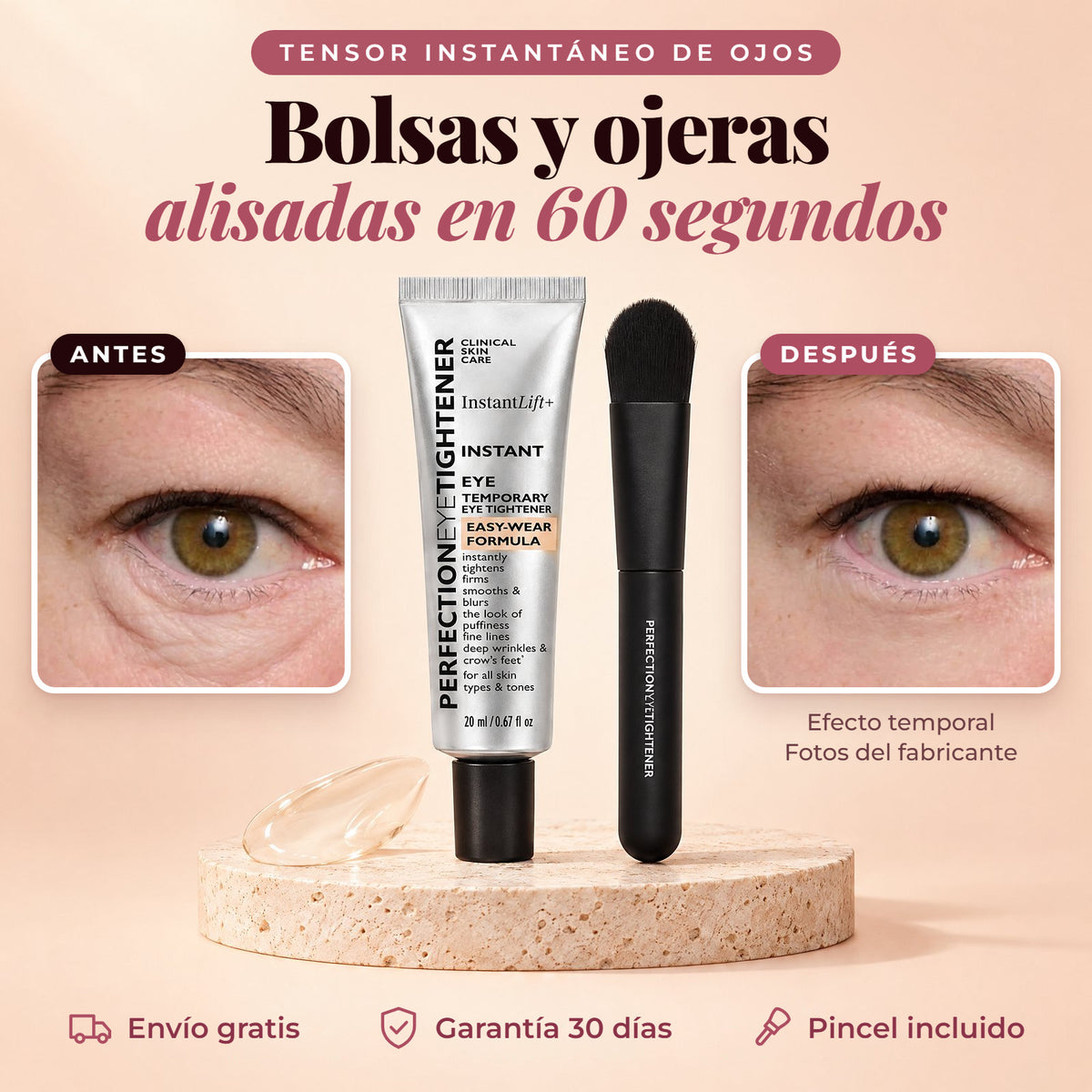 Tensor de ojos EyeLift: bolsas y ojeras alisadas en 60 segundos, antes y después