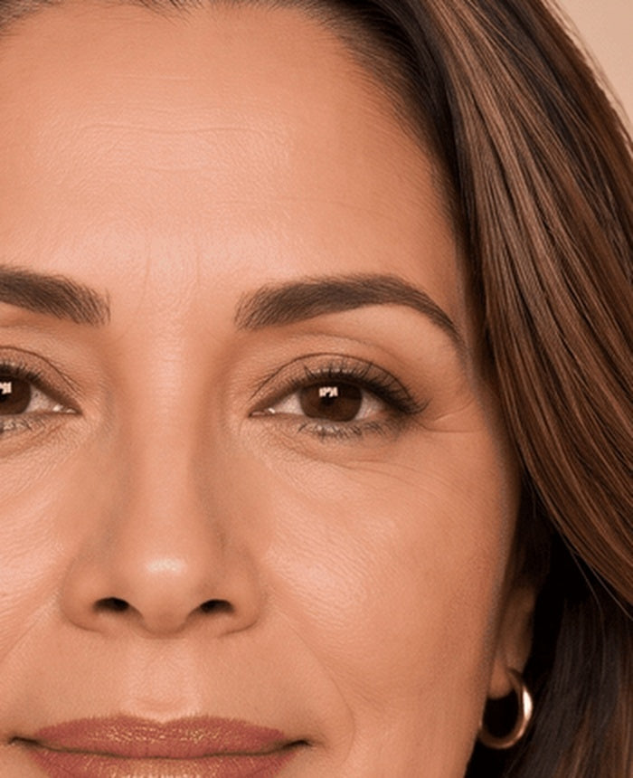 Antes y después de la base 4 en 1 Alorah en el rostro de una mujer madura: tono más uniforme y acabado natural