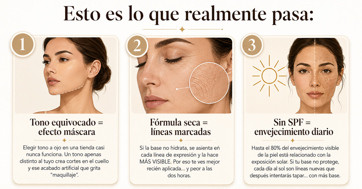 Gráfico «Esto es lo que realmente pasa»: tono equivocado = efecto máscara, fórmula seca = líneas marcadas, sin SPF = envejecimiento diario